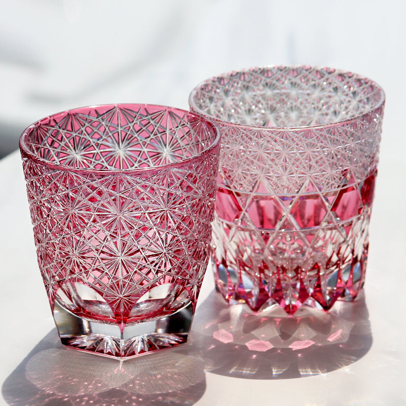 Gold Pink 320ml Whiskey Glass Hand Carved Chrysanthemum Star Pattern Edo Kiriko Japanese Crystal Tumbler Gift for Her
