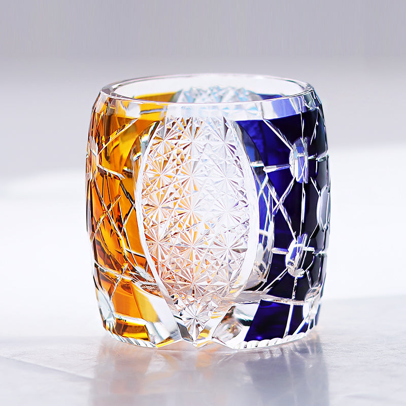 260ml Yellow Blue Edo Kiriko Crystal Whiskey Rock Glass Colored Rock Tumbler Glassware Gift Pack/ Coaster1pc