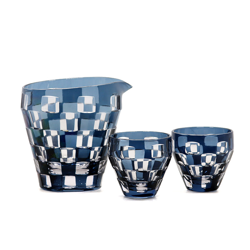 Smokey Blue Hand Cut Design Japanese Style Sake Carafe with Edo Kiriko Sake Glass Cup