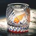 9oz Gold Fish Pattern Edo Kiriko Crystal Whiskey Glass Colored Rock Tumbler Tableware Gift Pack/ Coaster1pc Red and Blue