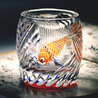 9oz Gold Fish Pattern Edo Kiriko Crystal Whiskey Glass Colored Rock Tumbler Tableware Gift Pack/ Coaster1pc Red and Blue
