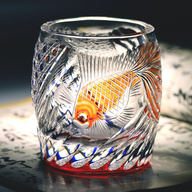 9oz Gold Fish Pattern Edo Kiriko Crystal Whiskey Glass Colored Rock Tumbler Tableware Gift Pack/ Coaster1pc Red and Blue
