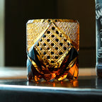 Best Selling Handmade Classic Engraving Amber Black Colored Heavy Rocks Tumbler Cold Drinking Glass Cup with Gift Pack 220ml