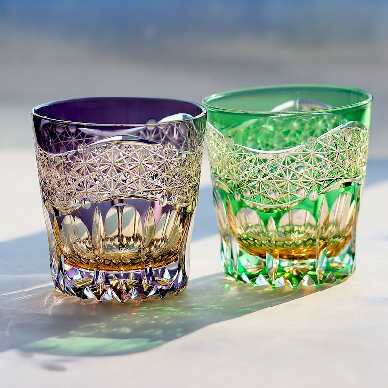 Vintage Drinking Lead Glasses Edo Kiriko Hand Cut Colored Glass Whiskey 320ml Pair Amber Green/Purple