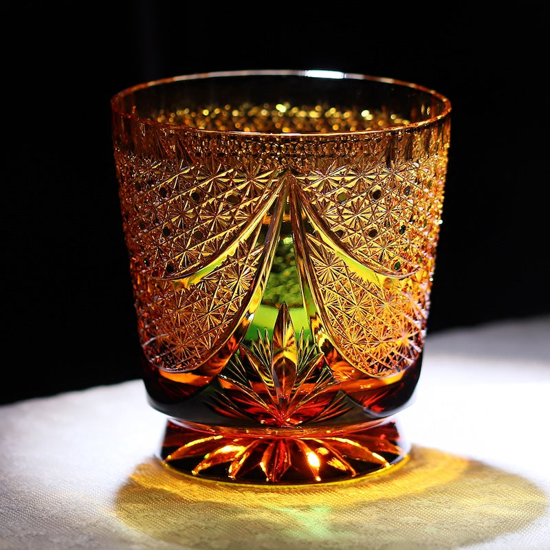 330ml Amber Green Edo Kiriko Fashioned Whiskey Glass with Gift Box New Design Trendy Drinkware for Fine Spirits