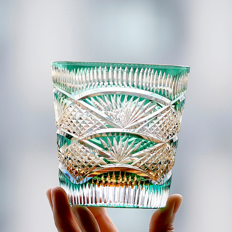 Hand Cut to Amber Green 11oz Edo Kiriko Crystal Whiskey Glass Colored Rock Tumbler Hand Cut Drinkingware Gift Packing 1pc