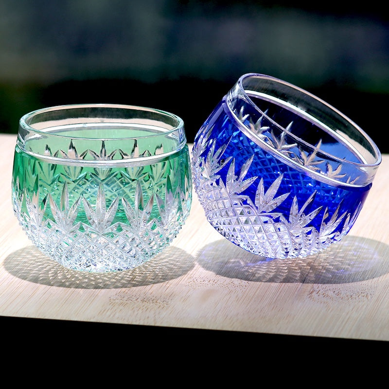 Small Shot Glasses for Sake Colored Glass Hand-Cut Green and Blue Edo Kiriko Crystal Shot Glass 90ml Overlay Lead Crystal Glass