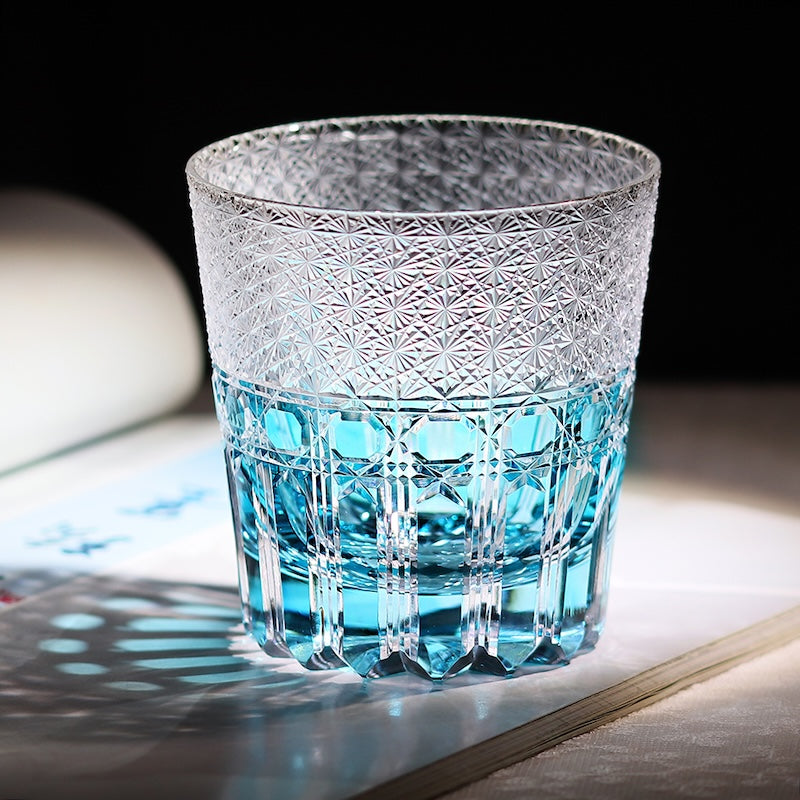 Sky Blue Edo Kiriko Crystal Hand Cut Whiskey Glass Colored Drinkingware Gift Packing 1pc for Wedding/Party 330ml