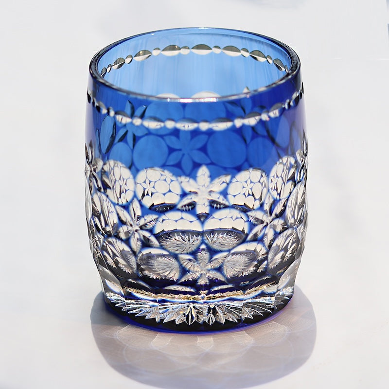 Modern Lead Blue Crystal Rock Whiskey Glass 350ml Japanese Edo Kiriko Hand Carved Pattern Artwork for Cocktails