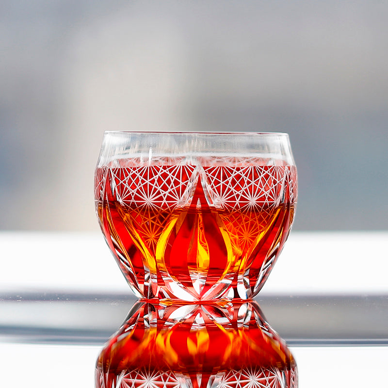 Red Edo Kiriko Colored Hand-Cut Shot Glass Small Gass for Liquor Japandi Design Style with Gift Box