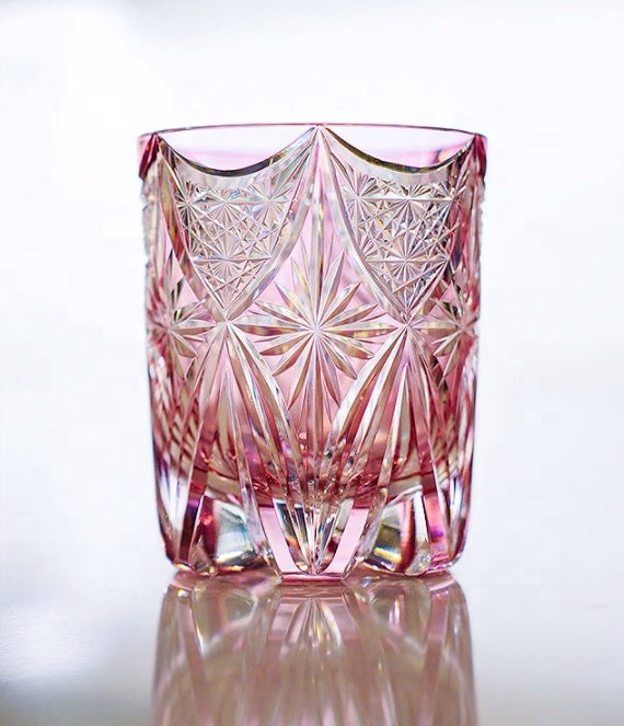 Pink 8oz Edo Kiriko Colored Rock Tumbler Hand Cut to Clear Crystal Whiskey Glass Gift Packing 1pc for Collection