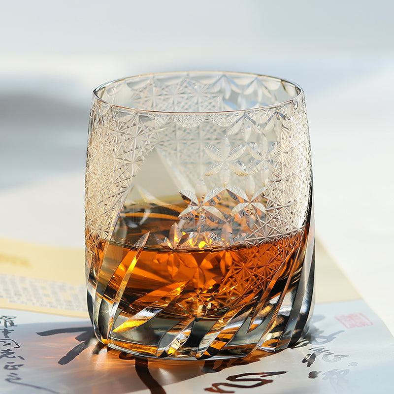12oz Gray Luxury Hand Cut Kiriko Bohemia Style Glass Whisky Cup Color Engraved Glass Luxury Whiskey Glass with Gift Box