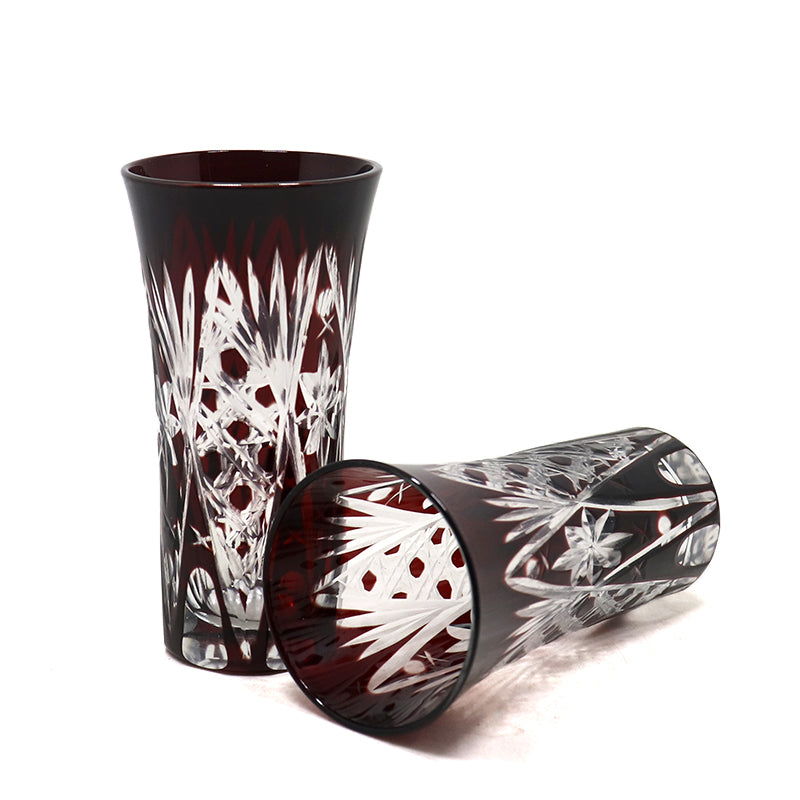Hand Cut Clear Japanese Style Wine Red Colored Shot Glass Sake Glasses Acceptable for Factory Use with Wooden Box