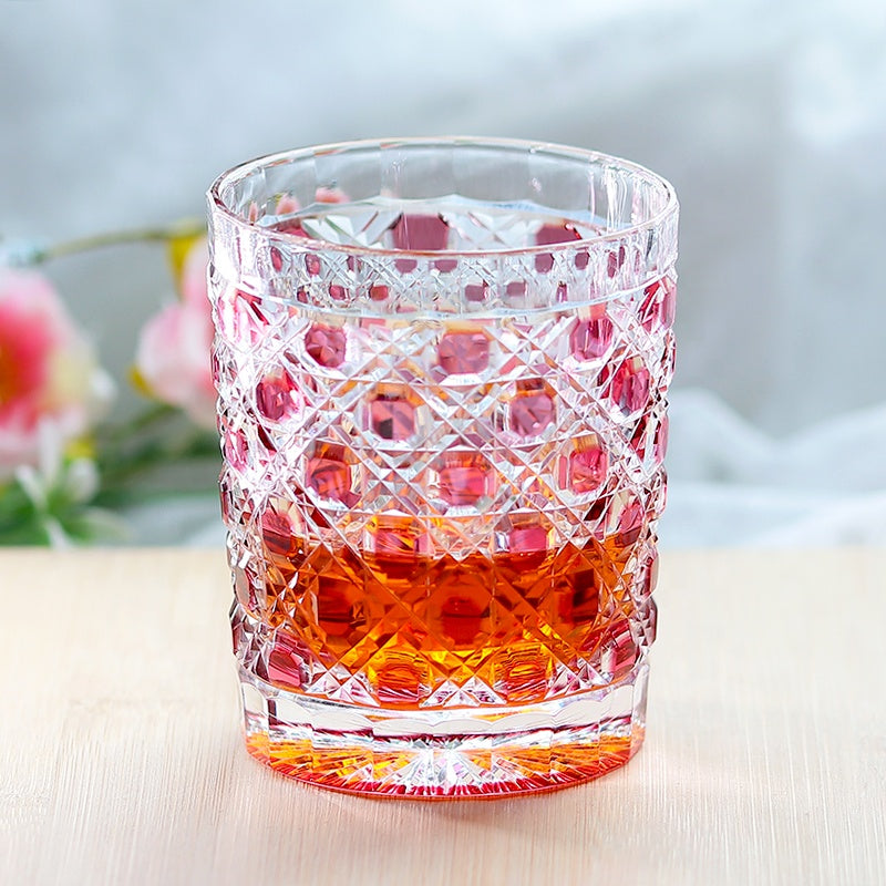 Hand Cut Colored Diamond Pattern Japanese Edo Kiriko Crystal Whiskey Glass Multi-color Rock Tumbler Drinkingware Gift Pack Pink
