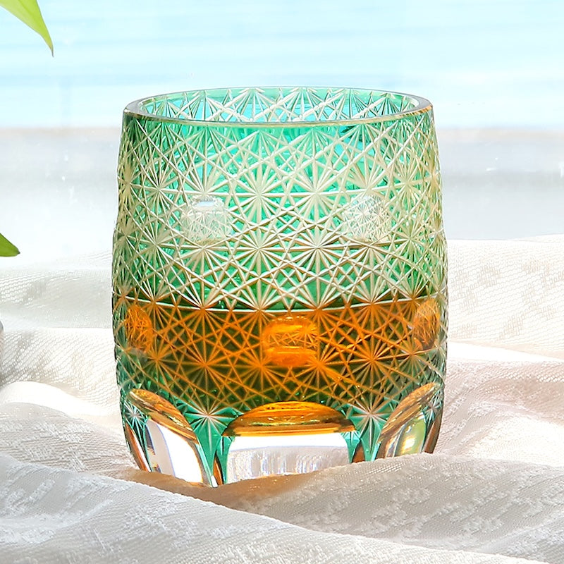 Green 10oz Edo Kiriko Crystal Hand Cut Whiskey Glass Colored Drinkingware Gift Packing 1pc for Wedding/Party