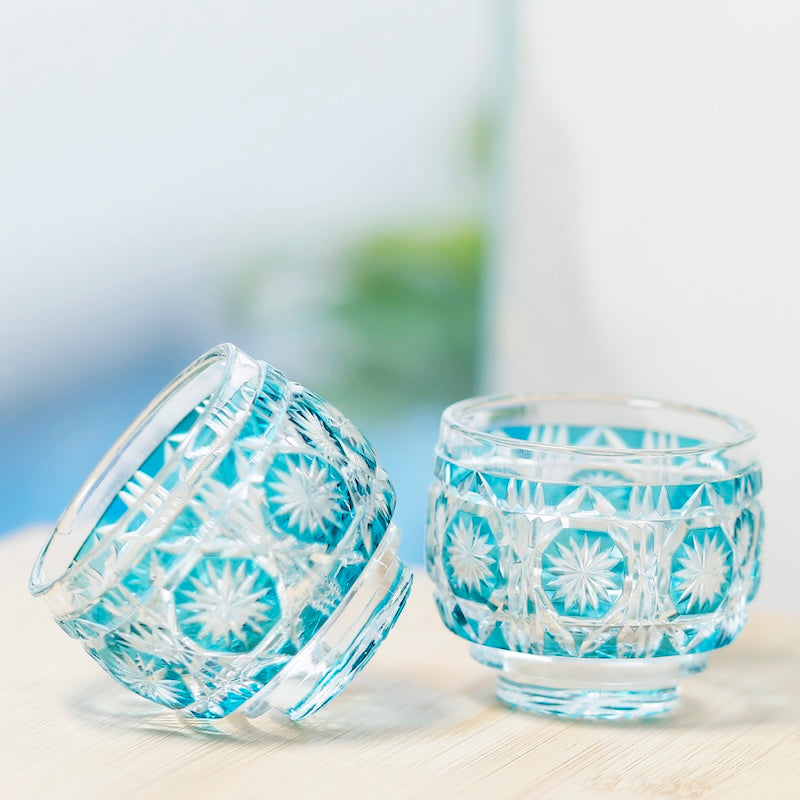 Edo Kiriko Sky Blue Colored Hand-Cut Shot Glass Small Sake Cup for Liquor Japandi Design Style with Gift Box