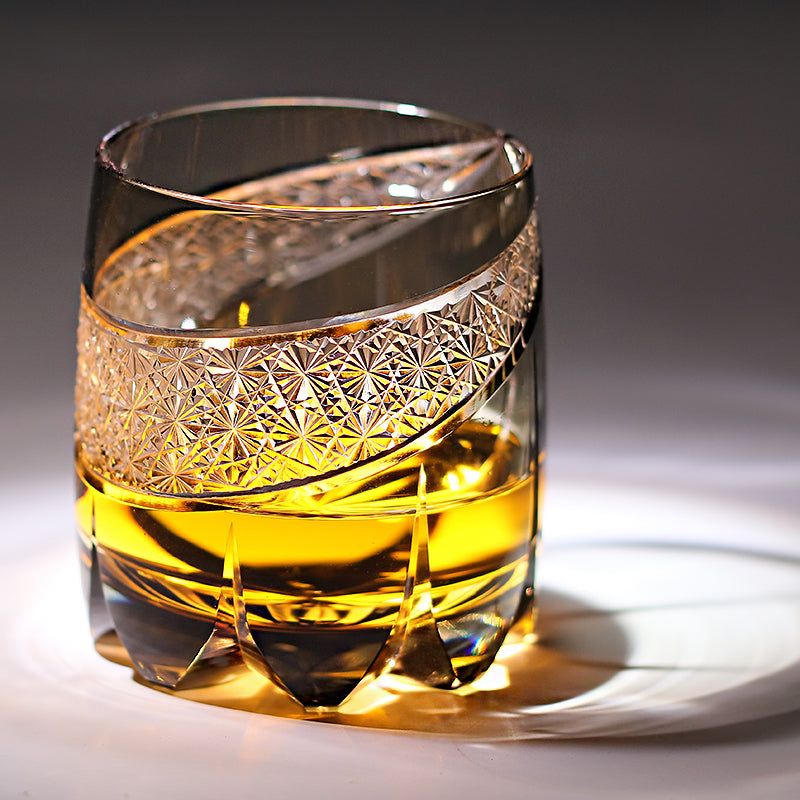 Large Capacity 12oz Gray Luxury Hand Cut Kiriko Whisky Glass Color Engraved Glass Luxury Whiskey Glass with Gift Box