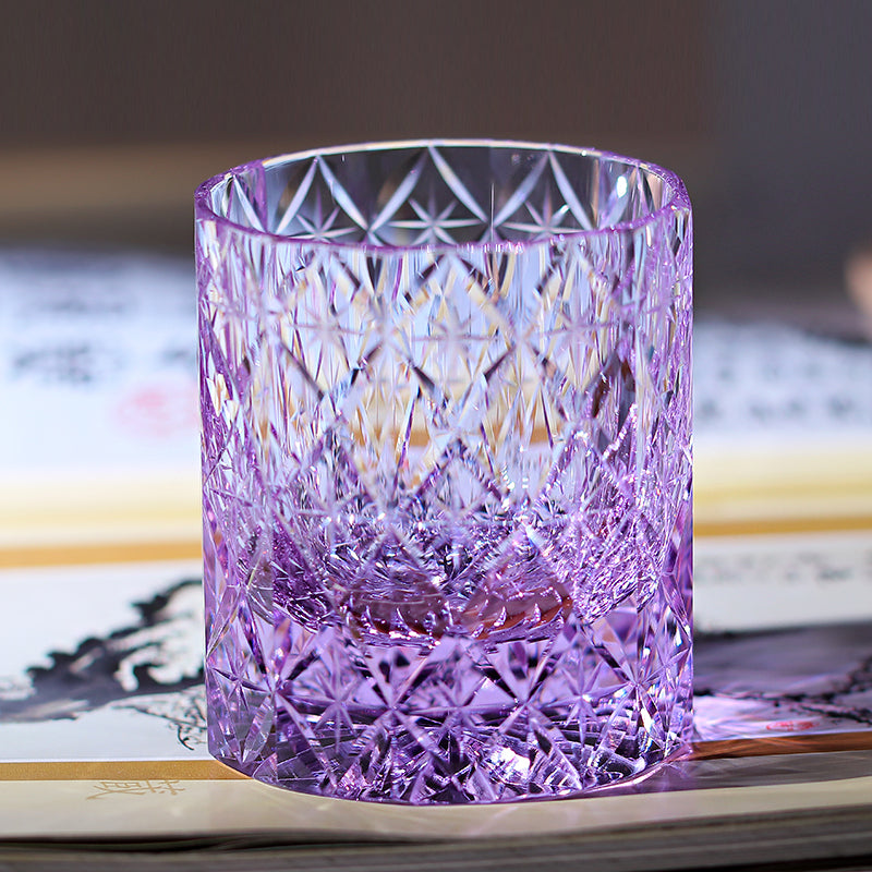Hand Cut Colored Star Pattern Japanese Edo Kiriko K9 Purple Crystal Whiskey Glass Rock Tumbler Drinkingware Gift Pack