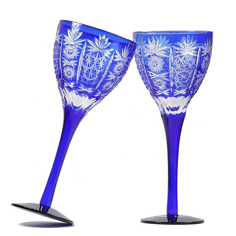 Crystal Glass Wine Cup Japanese Edo Kiriko Colored Glass Bohemia Style Hand Carved Drinking Cup Red Wine Goblet Blue