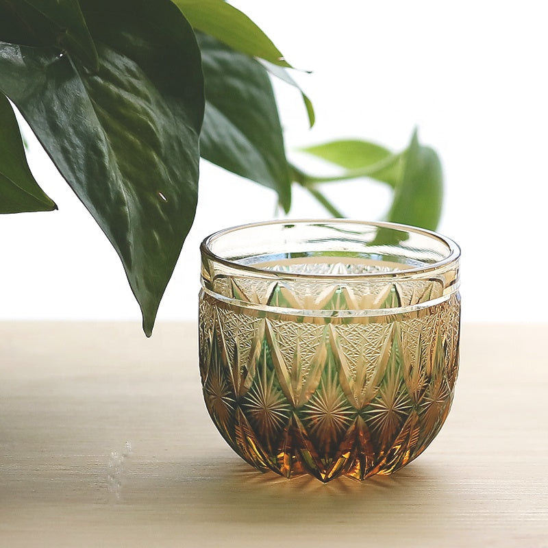Amber Green Colored Hand-Cut Shot Glass Small Gass for Liquor Japandi Design Style with Gift Box