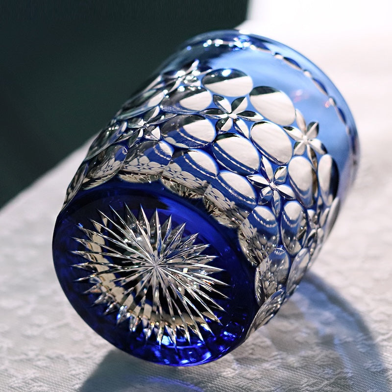 Modern Lead Blue Crystal Rock Whiskey Glass 350ml Japanese Edo Kiriko Hand Carved Pattern Artwork for Cocktails