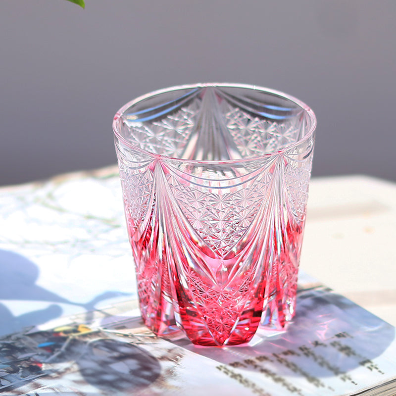 Multicolor 330ml Luxury Edo Kiriko Style Hand Carved Glass Cup for Whisky Brandy Cocktail Cold Drink Perfect for Wedding