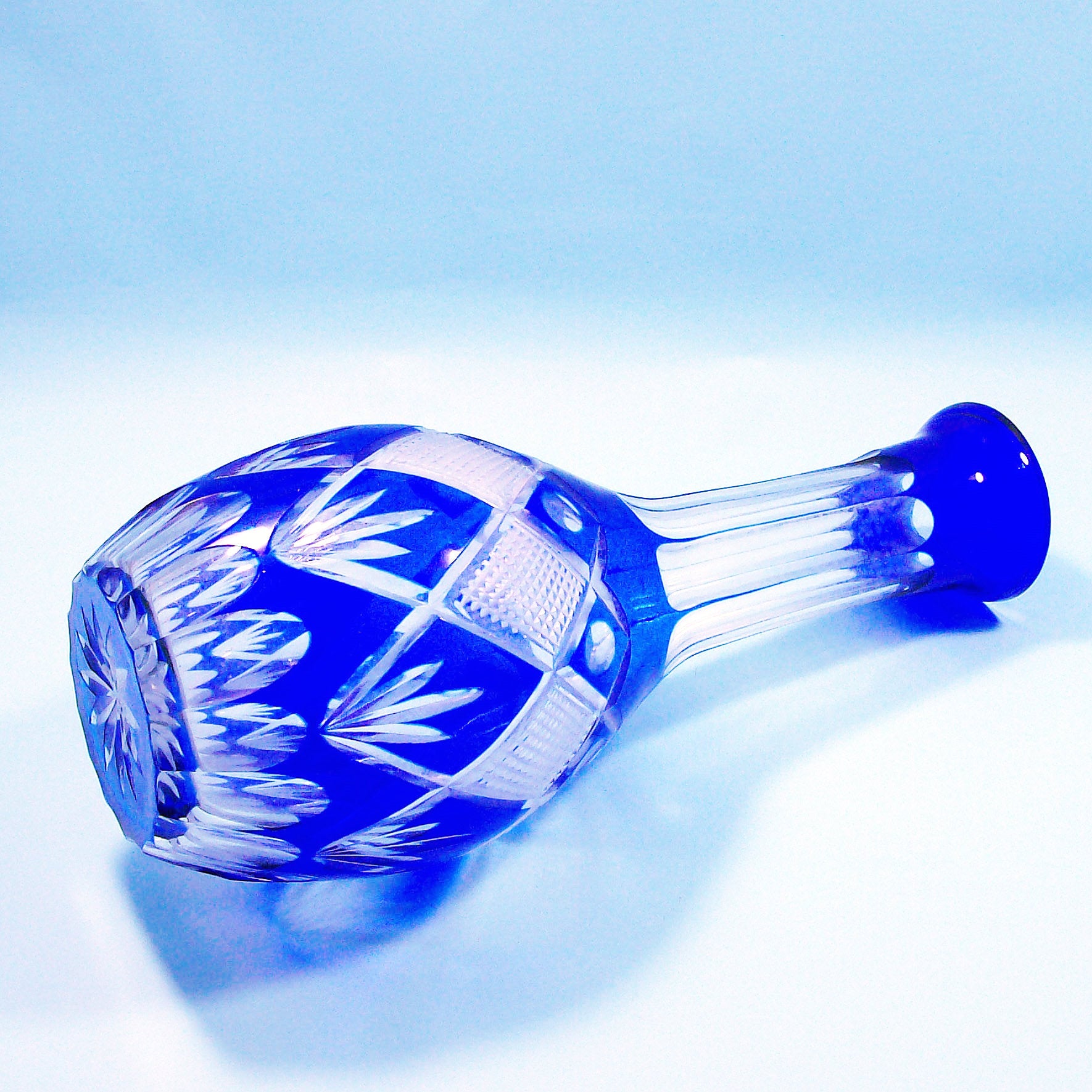 Hand Cut to Clear Blue Colored Whiskey Glass Wine Decanter