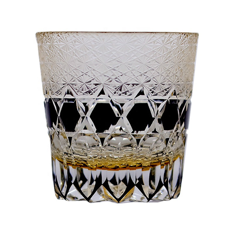 Edo Kiriko Hand Cut to Clear Black 12oz Crystal Whiskey Glass Colored Rock Tumbler Hand Cut Drinkingware Gift Packing 1pc