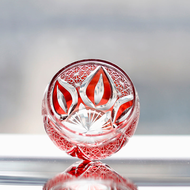 Red Edo Kiriko Colored Hand-Cut Shot Glass Small Gass for Liquor Japandi Design Style with Gift Box