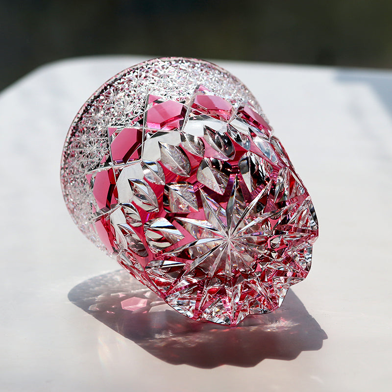 Gold Pink 320ml Whiskey Glass Hand Carved Chrysanthemum Star Pattern Edo Kiriko Japanese Crystal Tumbler Gift for Her