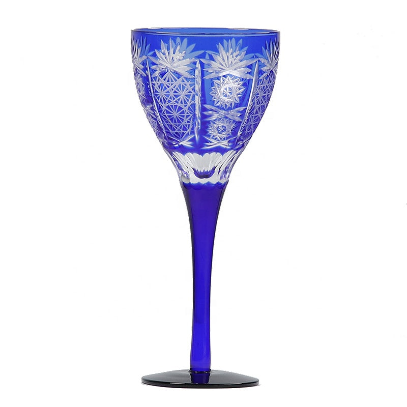 Crystal Glass Wine Cup Japanese Edo Kiriko Colored Glass Bohemia Style Hand Carved Drinking Cup Red Wine Goblet Blue