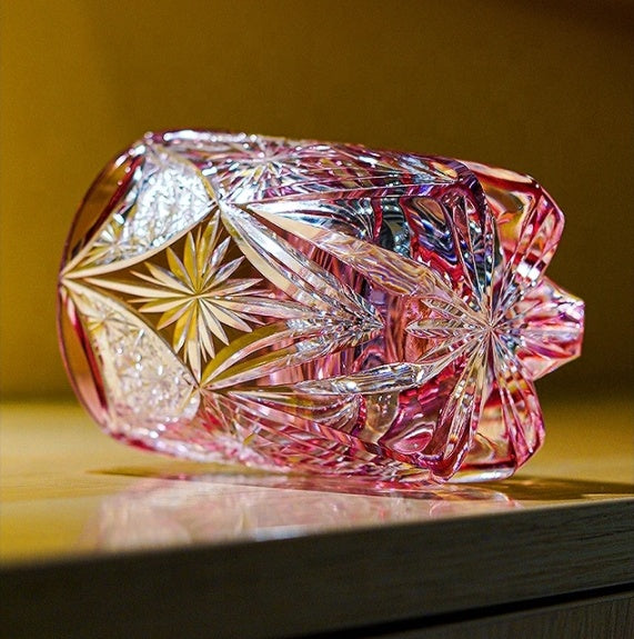Pink 8oz Edo Kiriko Colored Rock Tumbler Hand Cut to Clear Crystal Whiskey Glass Gift Packing 1pc for Collection