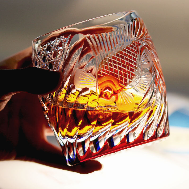 9oz Gold Fish Pattern Edo Kiriko Crystal Whiskey Glass Colored Rock Tumbler Tableware Gift Pack/ Coaster1pc Red and Blue