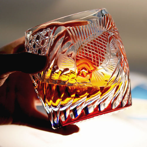 9oz Gold Fish Pattern Edo Kiriko Crystal Whiskey Glass Colored Rock Tumbler Tableware Gift Pack/ Coaster1pc Red and Blue