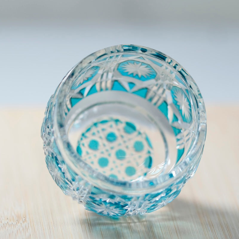 Edo Kiriko Sky Blue Colored Hand-Cut Shot Glass Small Sake Cup for Liquor Japandi Design Style with Gift Box