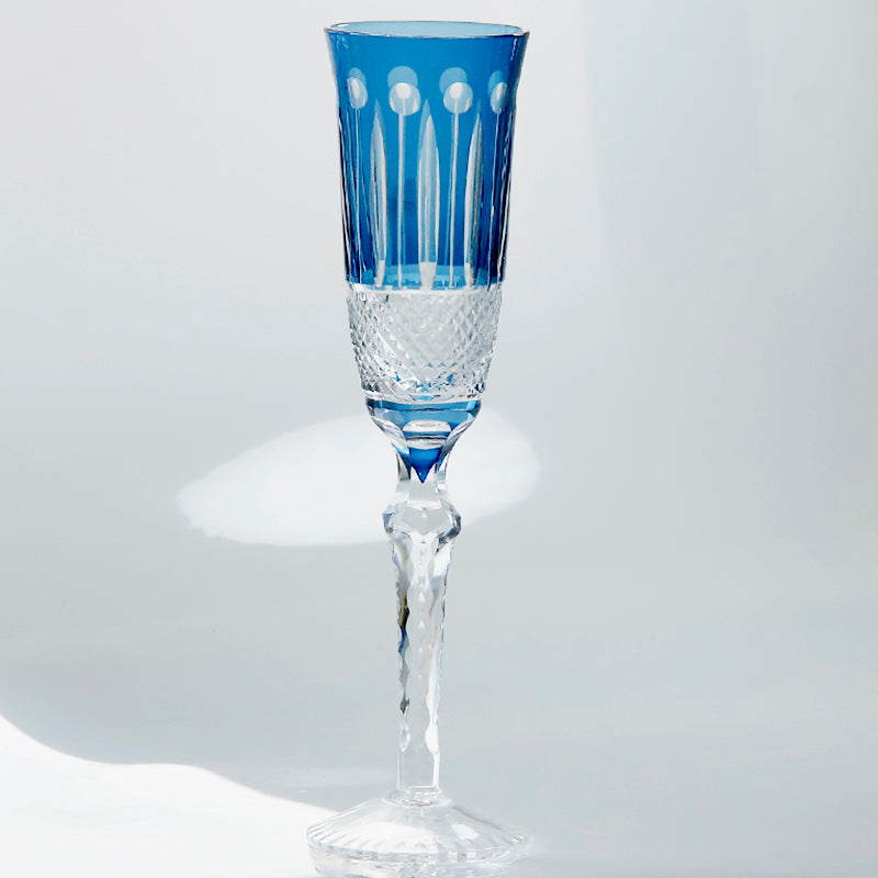 Bohemian Czech Ink Blue Color Hand Cut to Clear Crystal Champagne Flute Wine Glass Glassware 140ml