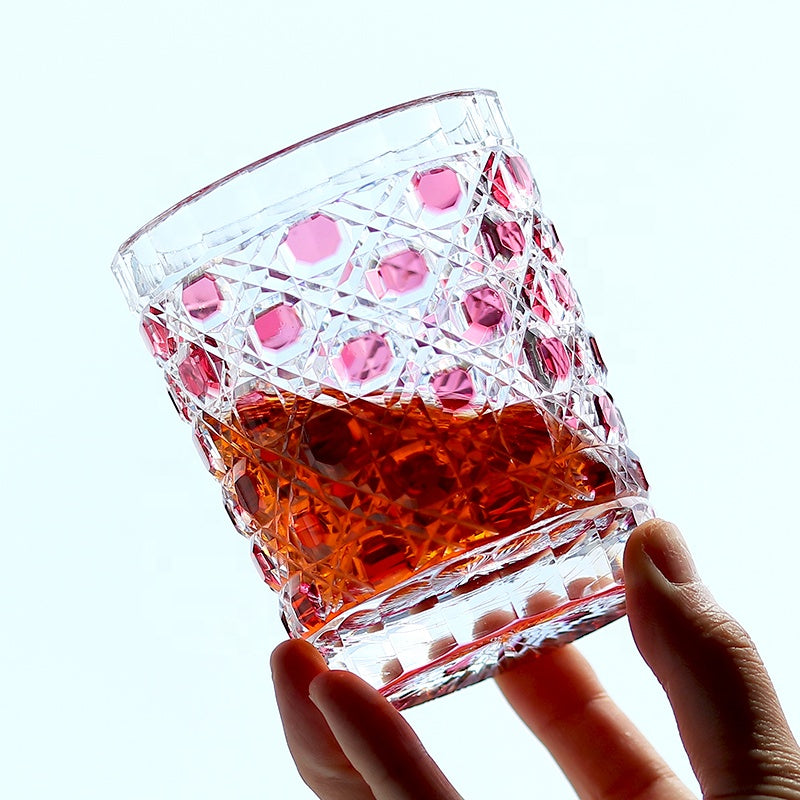 Hand Cut Colored Diamond Pattern Japanese Edo Kiriko Crystal Whiskey Glass Multi-color Rock Tumbler Drinkingware Gift Pack Pink