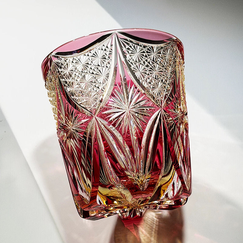 Gold Pink 320ml Whiskey Glass Hand Carved Chrysanthemum Star Pattern Edo Kiriko Japanese Crystal Tumbler Gift for Her