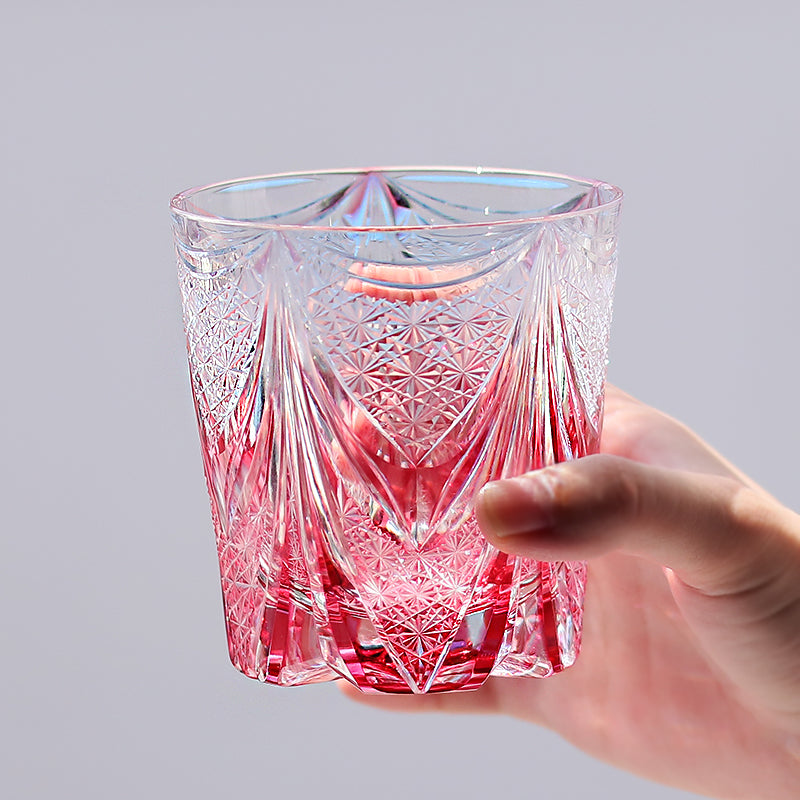 Multicolor 330ml Luxury Edo Kiriko Style Hand Carved Glass Cup for Whisky Brandy Cocktail Cold Drink Perfect for Wedding