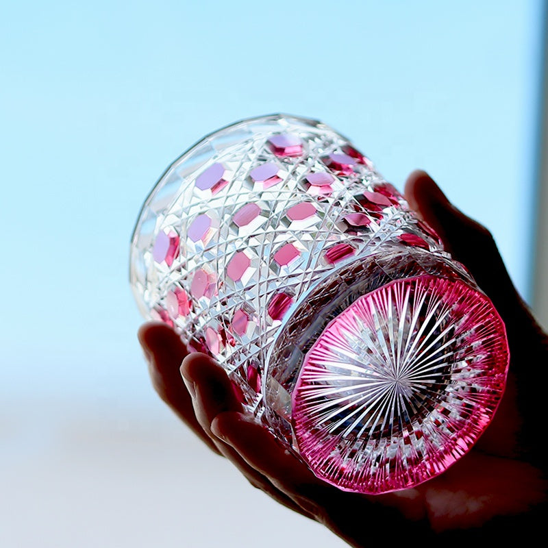 Hand Cut Colored Diamond Pattern Japanese Edo Kiriko Crystal Whiskey Glass Multi-color Rock Tumbler Drinkingware Gift Pack Pink