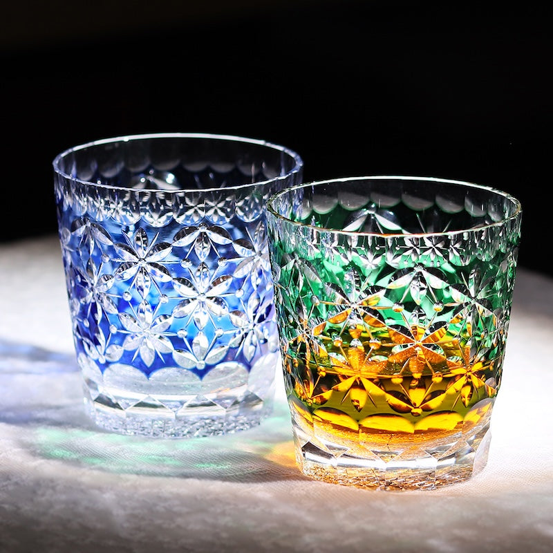 Vintage Drinking 24% Pbo Lead Crystal Glasses Edo Kiriko Hand Cut Colored Glass Whiskey 320ml Pair Clear Green/Purple