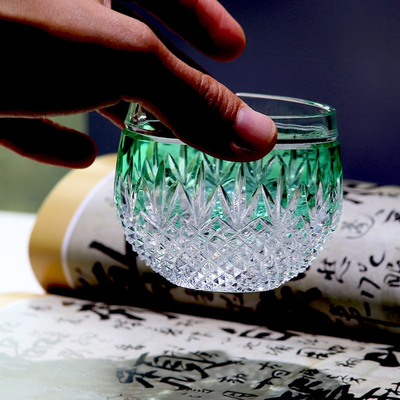 Small Shot Glasses for Sake Colored Glass Hand-Cut Green and Blue Edo Kiriko Crystal Shot Glass 90ml Overlay Lead Crystal Glass