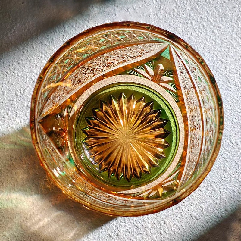 330ml Amber Green Edo Kiriko Fashioned Whiskey Glass with Gift Box New Design Trendy Drinkware for Fine Spirits