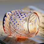 9oz Gold Fish Pattern Edo Kiriko Crystal Whiskey Glass Colored Rock Tumbler Tableware Gift Pack/ Coaster1pc Red and Blue