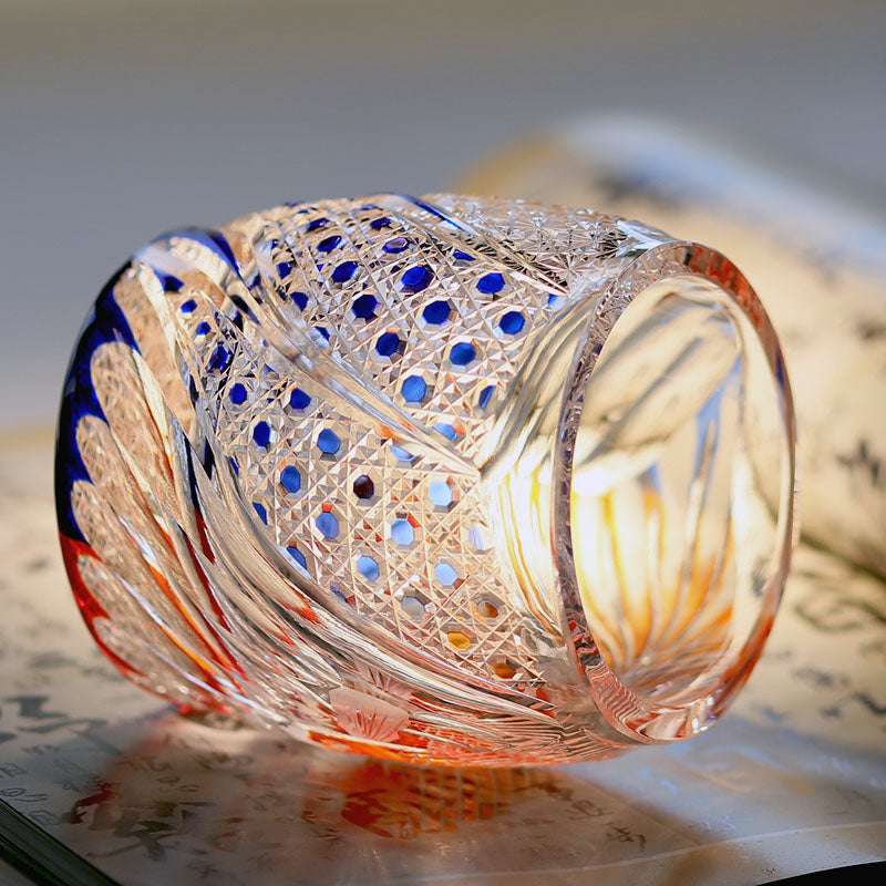 9oz Gold Fish Pattern Edo Kiriko Crystal Whiskey Glass Colored Rock Tumbler Tableware Gift Pack/ Coaster1pc Red and Blue