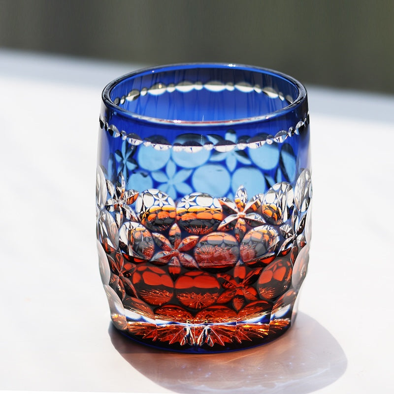 Modern Lead Blue Crystal Rock Whiskey Glass 350ml Japanese Edo Kiriko Hand Carved Pattern Artwork for Cocktails
