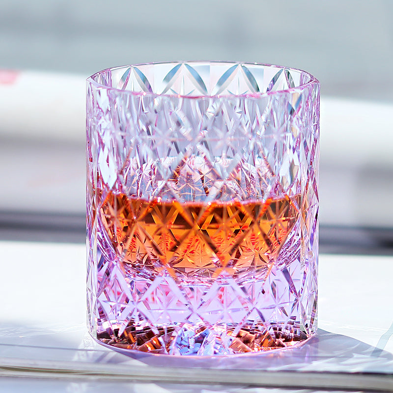 Hand Cut Colored Star Pattern Japanese Edo Kiriko K9 Purple Crystal Whiskey Glass Rock Tumbler Drinkingware Gift Pack