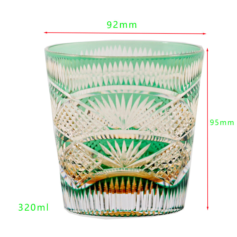 Hand Cut to Amber Green 11oz Edo Kiriko Crystal Whiskey Glass Colored Rock Tumbler Hand Cut Drinkingware Gift Packing 1pc