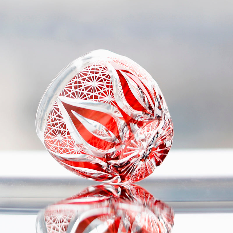 Red Edo Kiriko Colored Hand-Cut Shot Glass Small Gass for Liquor Japandi Design Style with Gift Box