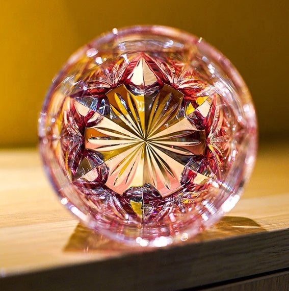 Pink 8oz Edo Kiriko Colored Rock Tumbler Hand Cut to Clear Crystal Whiskey Glass Gift Packing 1pc for Collection